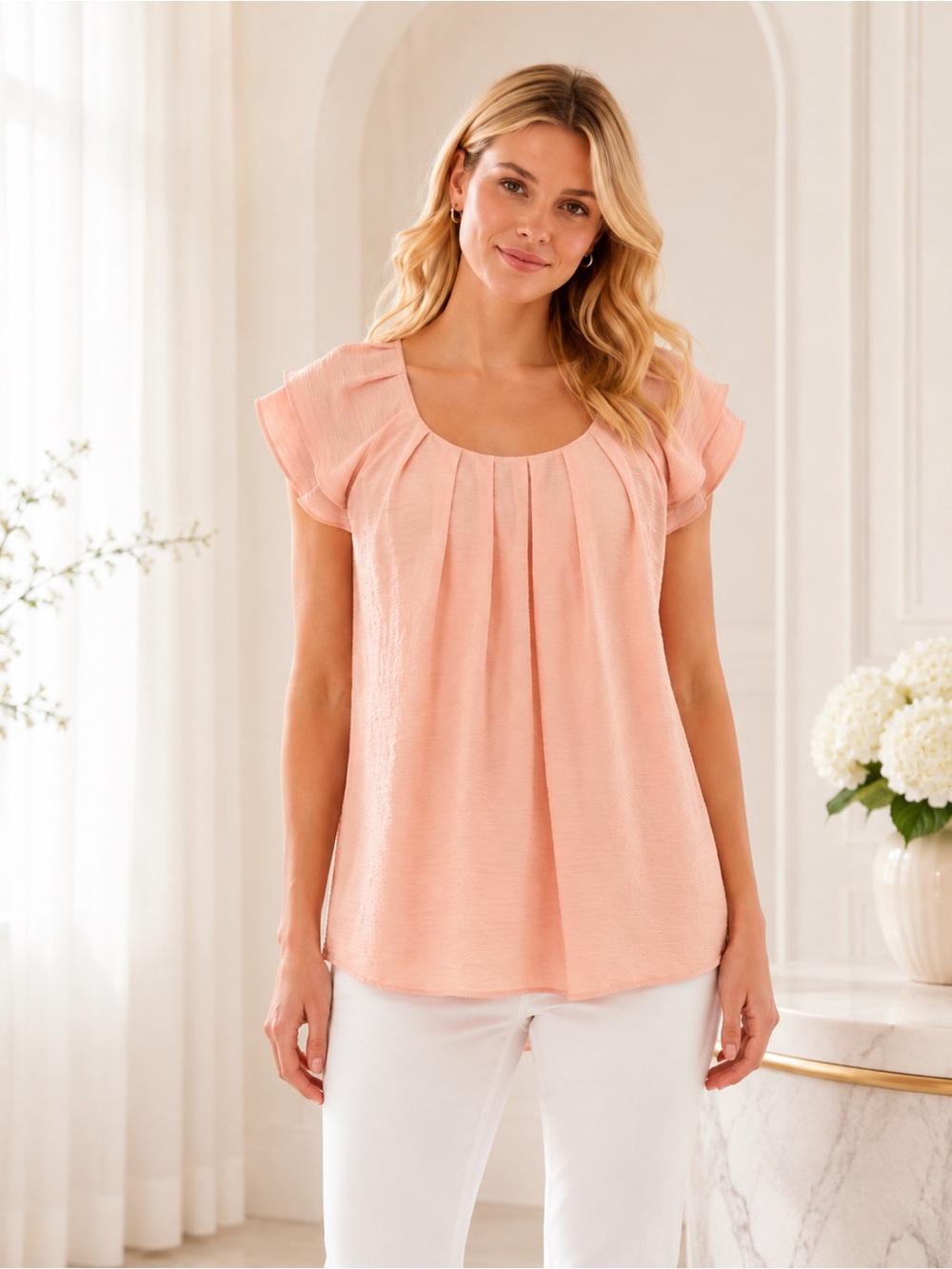 NY Collection Salmon Pink Pleated Ruffle Blouse Top Lightweight Flowy NWT M